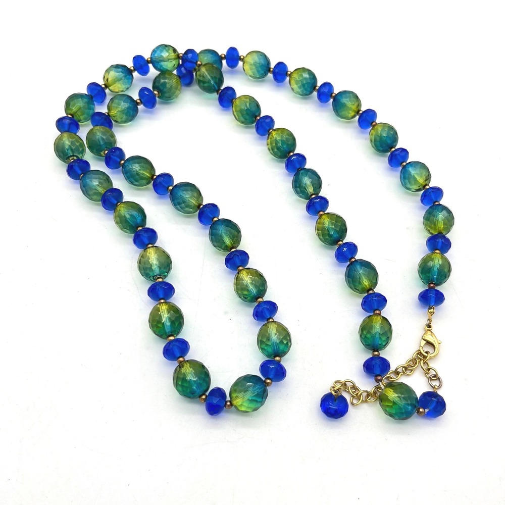 Blue Green Faceted Glass Bead Necklace Gold Tone Extender 17-20 Inch